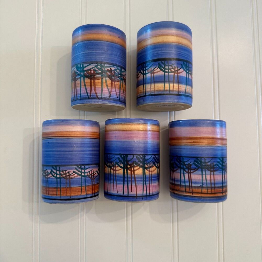 Vintage MCM Set of 5 Michel Gorgeon, Vallauris Hand Painted Stoneware Tumblers